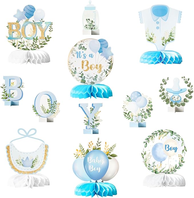 ANGOLIO 12Pcs It's a Boy Baby Shower Honeycomb Centerpieces Watercolor Blue Baby Shower Party Honeycomb Centerpieces Boy Baptism Decorations for Table Gender Reveal Baptism 1th Birthday Party Supplies