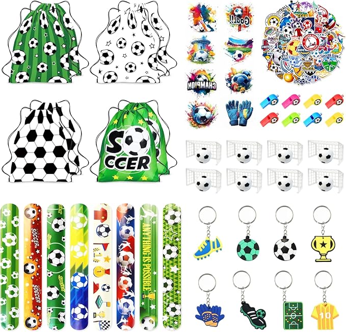 116PCS Soccer Party Favors Goodie Bags Bulk, Soccer Gift Bag Fillers with Mini Ball, Slap Bracelets, Wristband, Keychain, Stickers for Football Party Supplies