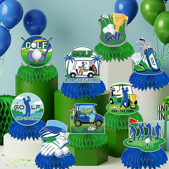 9 Pcs Masters Golf Party Decorations, Honeycomb Golf Birthday Decorations and Centerpieces for Tables with Double-Sided Printing, Sport Themed Birthday Decor Table Party Supplies