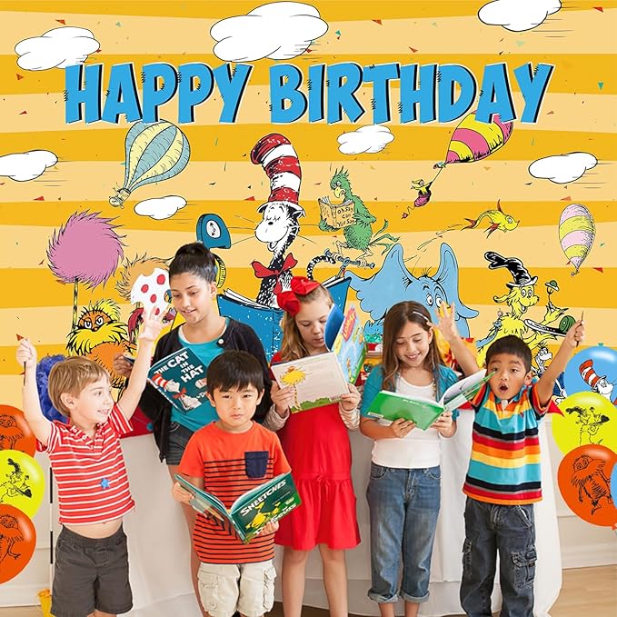 Seuss Cat Birthday Party Decoration,Photo Background 5 x 3 FT, 18 Pcs Balloons,Dr Cat Merch Party Backdrop Supplies