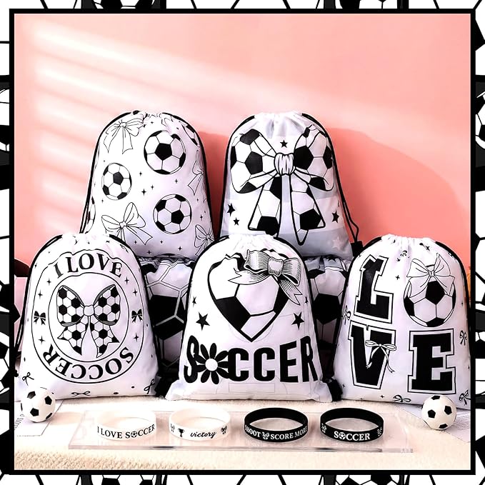 32 Pcs Coquette Bow Soccer Party Favors Set 16 Drawstring Goodie Bags 16 Silicone Wristband Snack Treat Candy Bags Motivational Bracelets Sports Birthday Party Supplies for Men Women