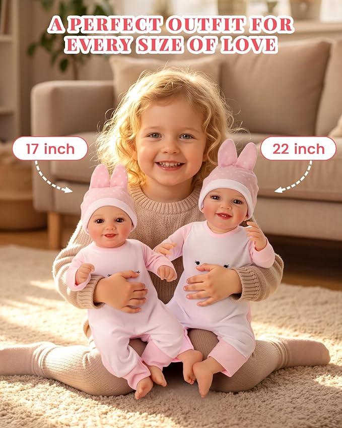 BABESIDE 2 PCS Reborn Baby Doll Clothes with Hat for 17-22 Inch Dolls, Bunny Baby Dolls Outfit Accessories Set BabyClothing,Girls