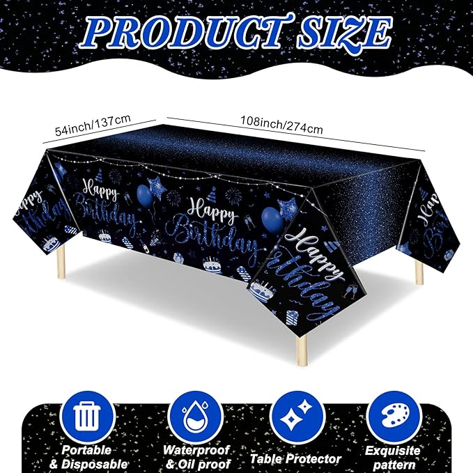 Tudomro 3 Pcs Happy Birthday Tablecloths Happy Birthday Party Decorations Plastic Table Cover Rectangular Cloths for Women Men Baby Shower Party Supplies, 108 x 54 Inch (Black Blue)