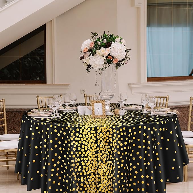 VitalCozy Round Dot Tablecloth 84 Inch Plastic Table Cover Polka Dot Confetti Tablecloths for Easter 2026 Graduation Prom Wedding Birthday Spring Party Supplies(Black and Gold,3 Pcs)