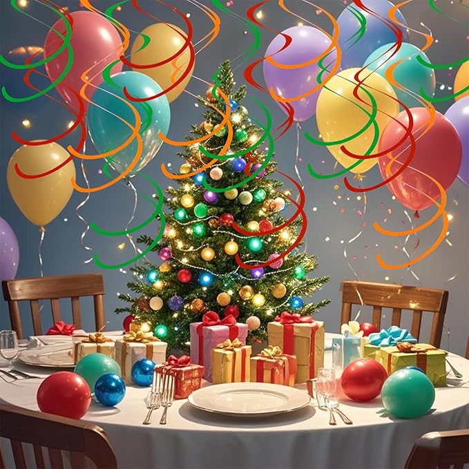 Colorful Ceiling Swirl Foil Decorations Hanging Plastic Streamer Themed Swirl Party for Christmas Graduation Celebration, Pack of 28 (Red, Green and Orange)