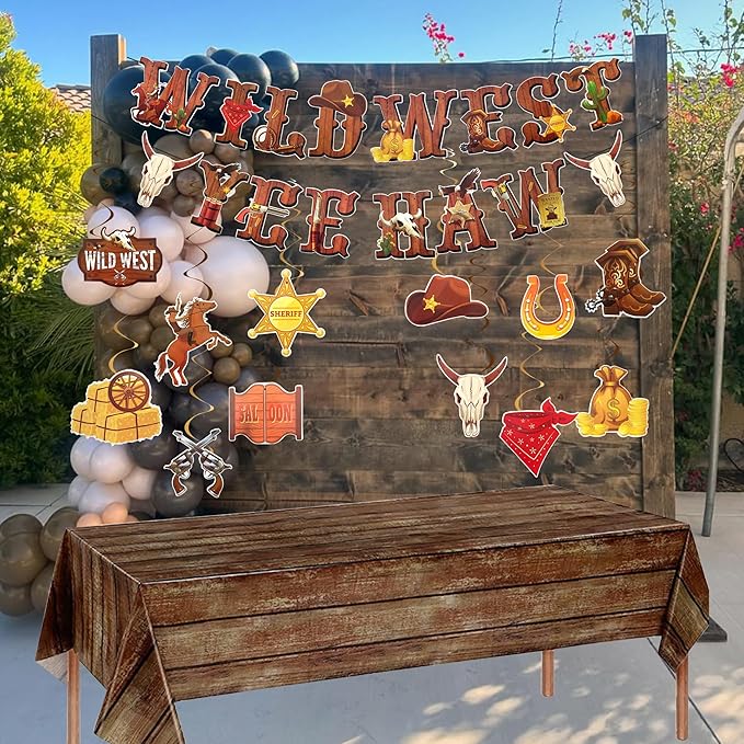 Western Cowboy Party Decorations Wild West Banner Brown Wood Tablecloth Western Hanging Swirl Decorations for Cowboy Birthday Party Supplies (4, Brown, Large)