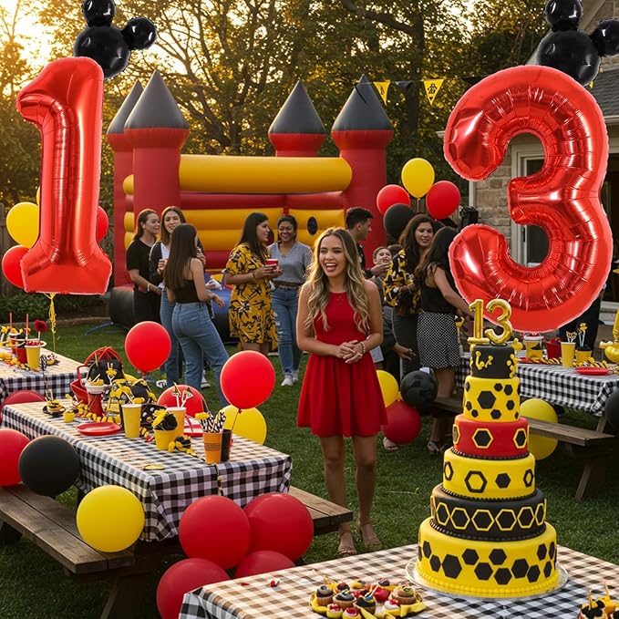 Vuzvuv 40 Inch Mouse Number Balloon No.3, Black Mouse Head Balloon and Red Giant Giant Number Three Balloon for Birthday, Mouse Theme Party Supplies, Baby Shower,Anniversary Decoration