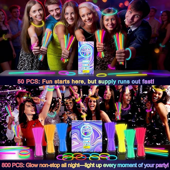 Glow Sticks Bulk Party Pack- Ultra Bright 800pk Glow in the Dark Party Favors, Easter Basket Stuffers Glow Sticks Party Supplies Glow Necklaces and Glow Bracelets with Connectors