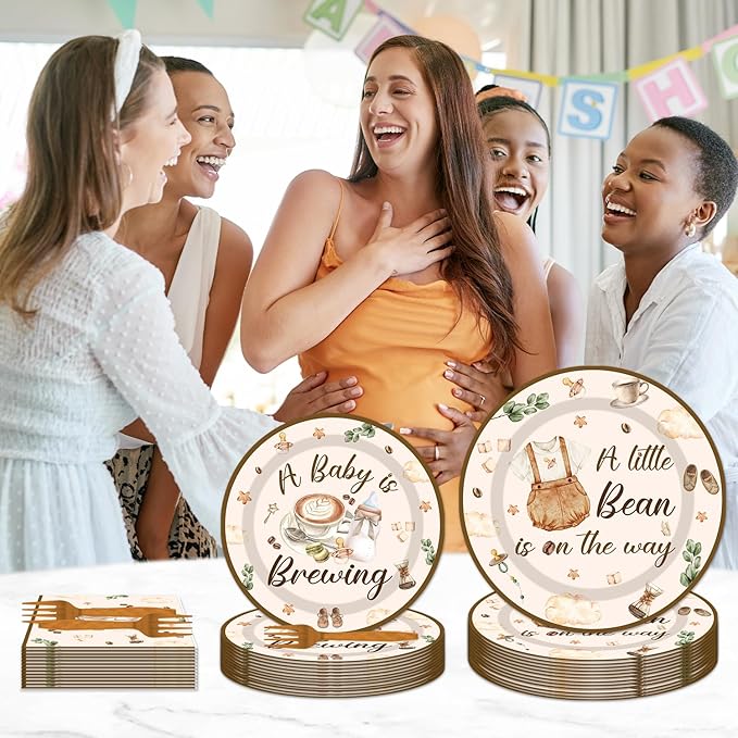 96Pcs Coffee Theme Baby Shower Tableware Set - Coffee A Baby Is Brewing Paper Plates Napkins Forks A litte Bean Is On The Way Gender Reveal Party Supplies Serve 24 Guests