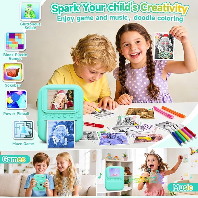 Kids Camera Instant Print Camera for Kids, Toddler Camera Toys for 3 4 5 6 7 8 Year Old Girls Boys Christmas Birthday Gifts, Kids Digital Camera Instant Print Color Photos 5 Rolls Paper 32GB, Green