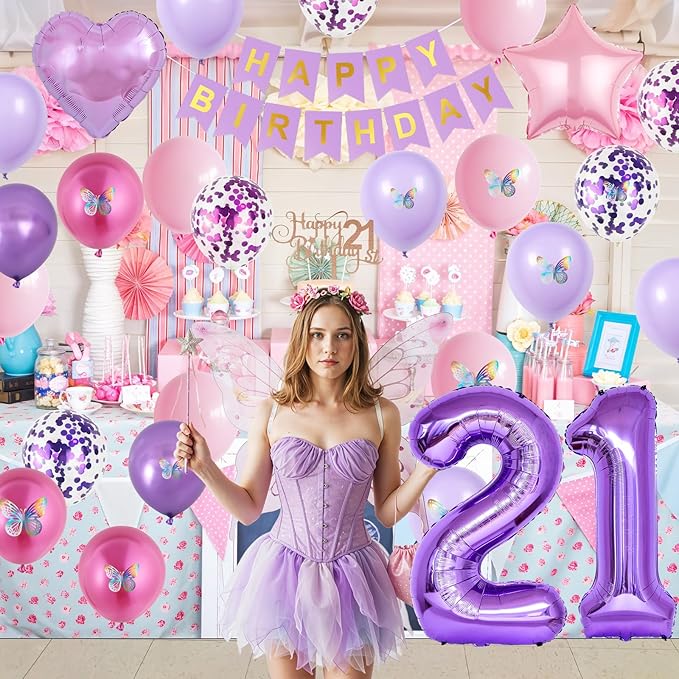 21st Purple Birthday Decorations,Pink Purple 21st Birthday Balloons for Women Butterfly Party Decor with Number 21 Balloons Cake Topper Butterfly Party Supplies for Girls 21st Party Decorations