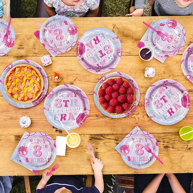 96Pcs In My 8th Birthday Party Decorations Pink Blue Plates and Napkins Popular Singer Theme Tableware Set for 8 Years Old Girls Birthday Pink Music Star Themed Party Supplies Serves 24