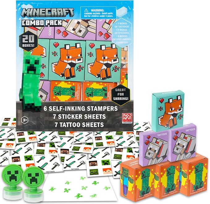 Minecraft Party Favors for 20 Guests Bundle ~ 20 Pieces Favor Boxes with Stickers, Tattoos and Stampers for Kids Birthday Party | Minecraft Party Supplies and Decorations