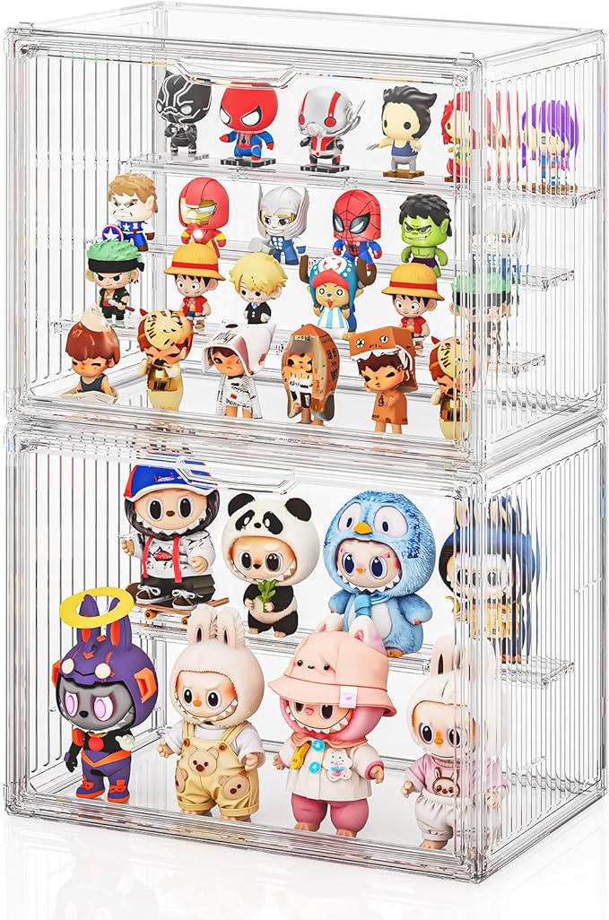 JOYZAN Acrylic Display Cases for Collectibles 2 Packs 4 Layer Adjustable Clear Figure Display Case with Magnetic Door Stackable Collectible Display Box with 3 Movable Plates Blind Box Case - Large