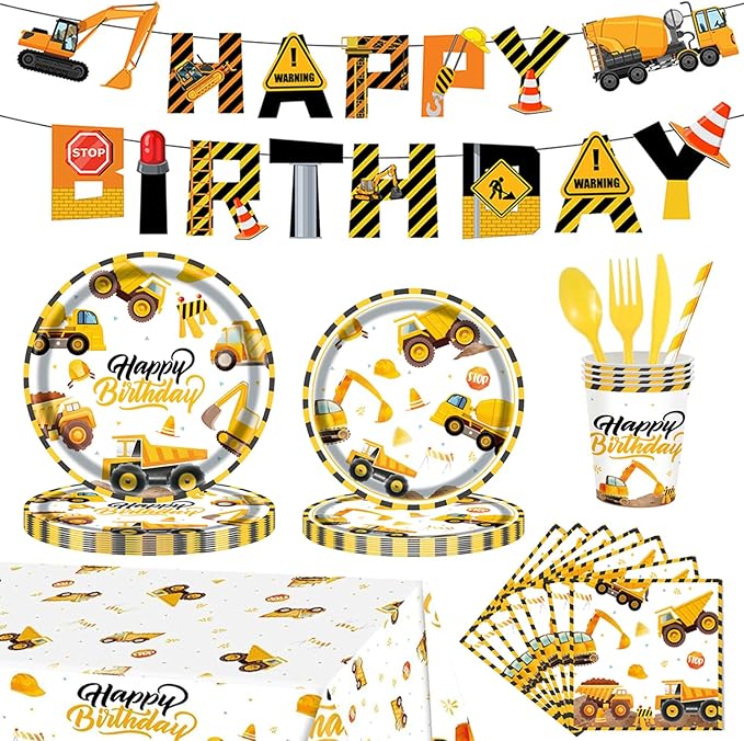 194Pcs Construction Plates Birthday Party Supplies Decorations Serve 24 | Includes Napkins Cups Tablecloth and Banner | Boys Construction Themed Birthday Party