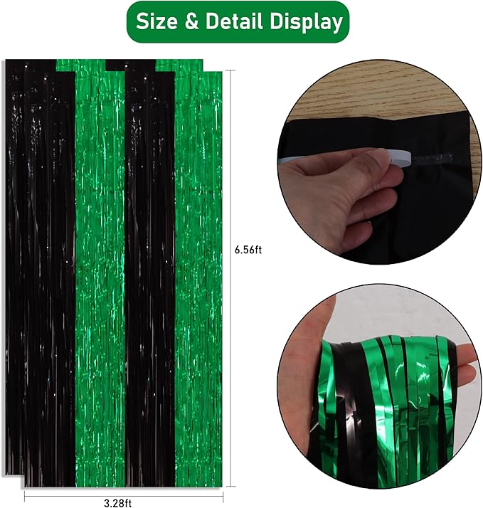 TONIFUL 2Pcs Black Green Door Streamers,Green Photo Booth Backdrop,Metallic Streamers Green Foil Fringe Curtains for Birthday,Christmas,New Year,St. Patrick's Day Party Streamers Decor