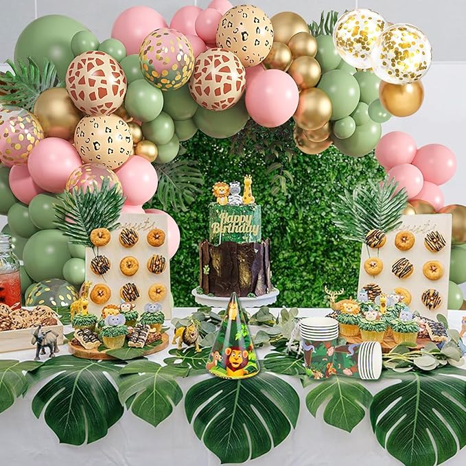 Amandir 170Pcs Jungle Safari Balloons Garland Arch Kit Animal Printed Pink Sage Green Balloons Wild One Giraffe Leopard Safari Baby Shower Decorations for Girl Birthday Party Supplies