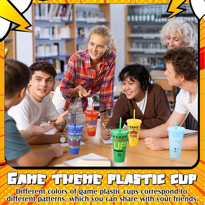 16 Pcs Video Game Plastic Cups Gaming Party Favor with Lids and Straws 24 oz Gamer Reusable Tumbler Water Mug for Fun Video Birthday Party Supplies for Adults (Colorful)