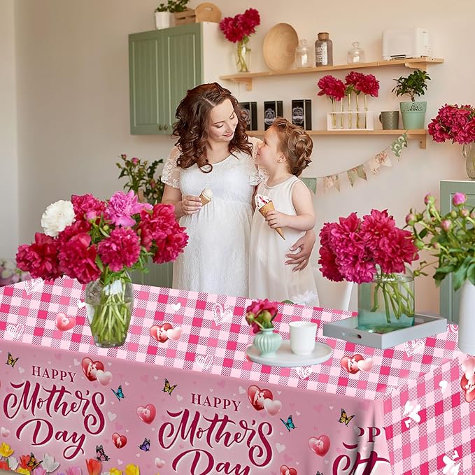 GREHUMOR 3Pcs Happy Mothers Day Tablecloth Mothers Day Party Supplies Pink Mothers Day Floral Flowers Tulip Disposable Rectangle Table Covers for Best Mom Ever Party Table Decorations