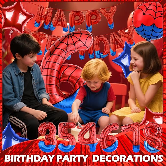 Spider Themed Happy Birthday Banner Party Decorations Set Including 40 Inch Number 6 Foil Balloons, Themed Party Essentials, Colorful Superhero Backdrop Supplies for Boys Indoor Outdoor Celebration