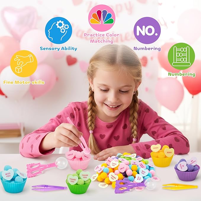 EZdhuawuse Spring Sensory Bin Fillers - 268P Fine Motor Toy Counting Sorting Set for Kid Birthday Easter Gift, Felt Phrases Heart Colorful Pom Poms Cup Clip for Preschool Education Activities