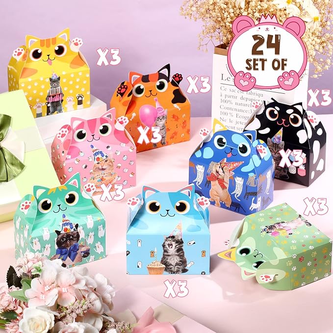 Nezyo 24 Pieces Cat Party Favor Boxes Kitten Theme Goodie Boxes Cute Candy Bags for Kids Birthday Supplies Decorations Adopt a Cat Party Favors, 8 Styles