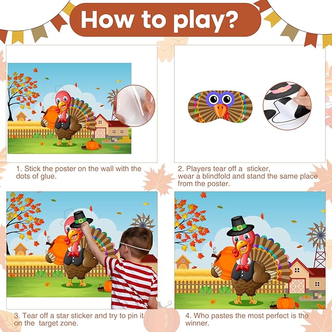 ASTARON Pin The Hat on Turkey Thanksgiving Pin The Tail Party Games Activities for Kids 36 Stickers Fall Festival Kids Birthday Family Party Games