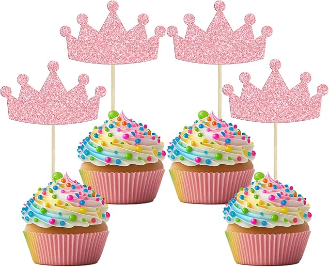 Ephlyn 24Pcs Crown Cupcake Toppers Glitter Queen Crown Cupcake Picks for Queen Princess Theme Baby Shower Girls Wedding Birthday Party Cake Decorations Supplies Pink