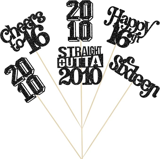 Gyufise 15Pcs Happy 16th Birthday Centerpiece Sticks Sixteen Straight Outta 2010 Table Flower Centerpieces Sticks for Cheers to 16th Birthday Party Supplies Black