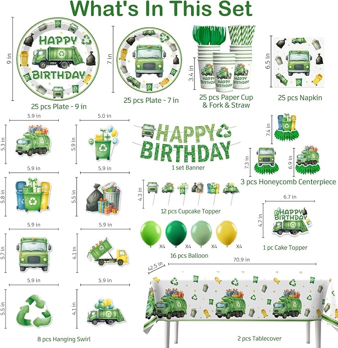 198 Pcs Trash Truck Birthday Decorations Garbage Truck Waste Management Party Supplies Banner Balloons Plates and Napkins Set with 2 Pcs Tablecloth Recycling Rubbish Truck Birthday for Boys Girls