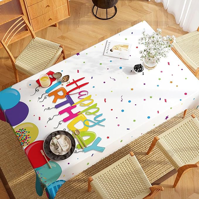Happy Birthday Tablecloth 54×108 Inch, Colorful Balloon Plastic Table Cover, Waterproof Disposable Birthday Party Tables Decoration, Cute Table Cloth for Kids Birth Day Celebration