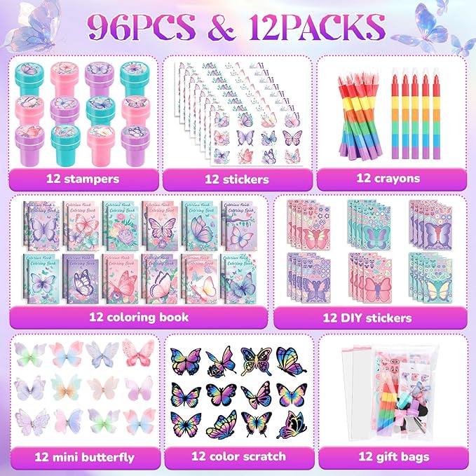 BenLouis 96Pcs Butterfly Party Favors Butterfly Fairy Coloring Books Crayon Stickers Set Bulk for Kids Butterfly Birthday Decor Spring Flower Tea Goodie Bag Stuffers Classroom Gifts Pinata Filler