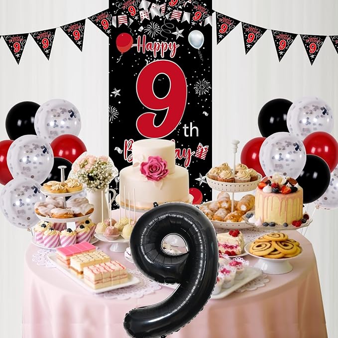 9th Birthday Decorations for Boys Girls, Red Black Happy 9th Birthday Decorations, Boy 9 Year Old Bday Door Banner, Triangle Flag, Large Number 9 Balloons Bday Party Decoration for Kids