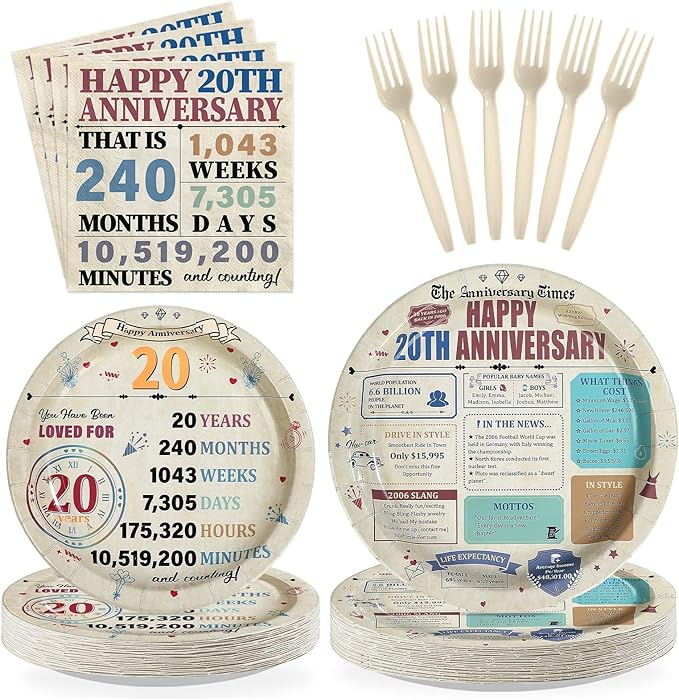 96Pcs 20th Anniversary Party Decorations Retro 20 Years Wedding Aday Plates and Napkins Happy 20th Anniversary Disposable Tableware Set for Vintage 20 Year Wedding Party Supplies Serves 24