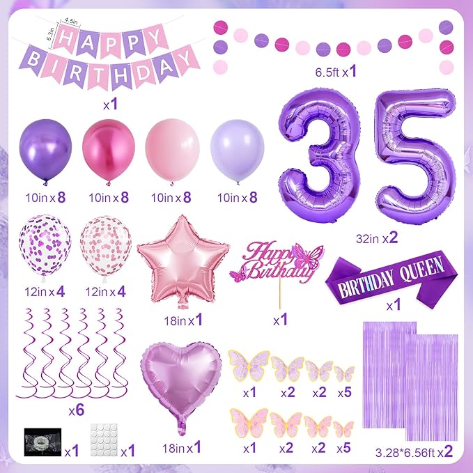 35th Purple Birthday Decorations for Women, Pink and Purple Happy 35 Birthday Party Decorations with Happy Birthday Banner, Number Foil Balloons, Butterfly Cake Topper for 35th Party Supplies