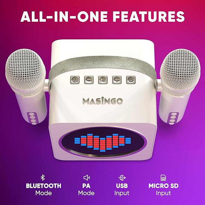 MASINGO Portable Mini Karaoke Machine for Kids and Adults with Dual Wireless Bluetooth Microphones, Animated LED Display, USB/Aux/MicroSD, Voice Effects, Fun Karaoke Toy for Girls and Boys, Animato S1