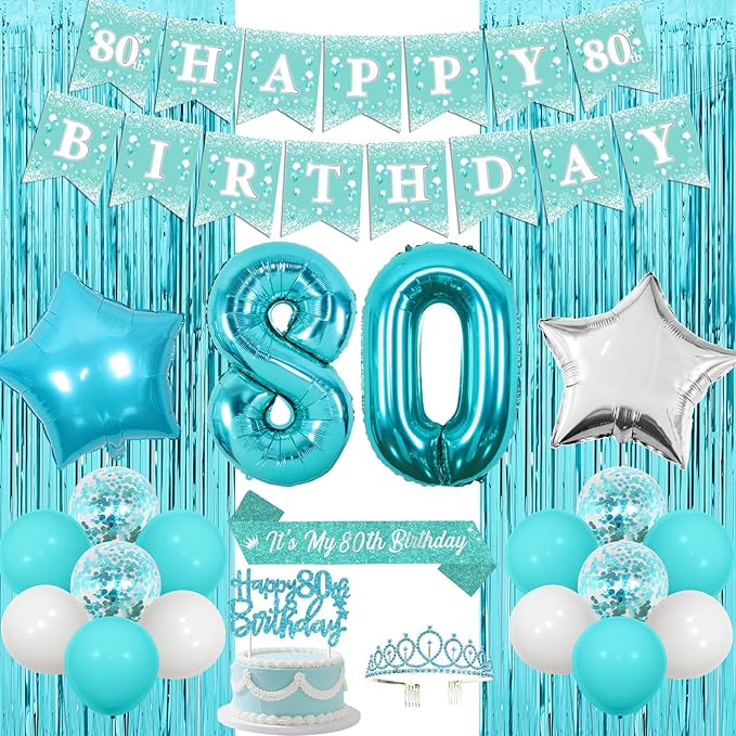 Funmemoir Teal 80th Birthday Decorations for Women - Happy 80th Birthday Banner Sash Tiara Foil Balloons Foil Fringe Backdrop and Cake Topper, Teal Blue 80 Years Old Party Supplies