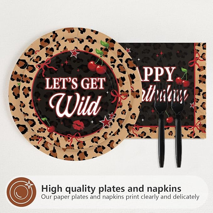 96Pcs Cheetah Print Birthday Decorations Cherry Leopard Plates and Napkins Tableware Sets Red Black Cheetah Platters for Leopard Safari Theme Girls Women Birthday Baby Shower Supplies Serves 24