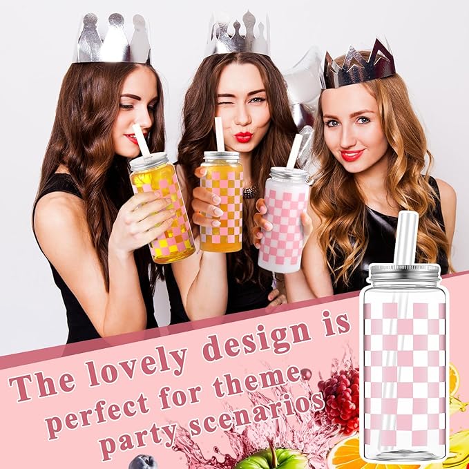 Patelai 12 Pack Light Pink Gingham Cups 13.5 oz Clear Pink Checkered Plastic Cups with Lid and Straw Reusable Plastic Plaid Tumbler for Baby Shower Wedding Birthday Bachelor Party Supplies