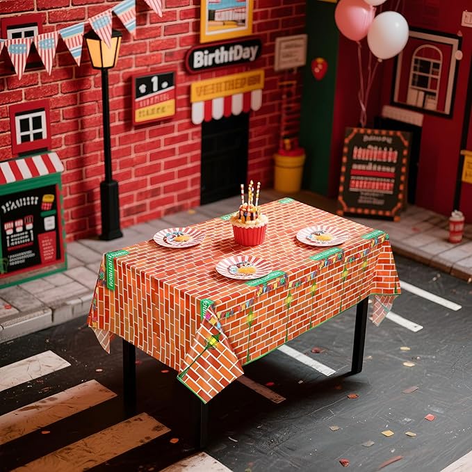 Funrous Red Brick Wall Street Party Decorations Cartoon Street Birthday Plastic Tablecloth 54 x 108 Inch Disposable Waterproof Rectangle Table Cover for Cartoon Friends Themed Birthday Party Supplies