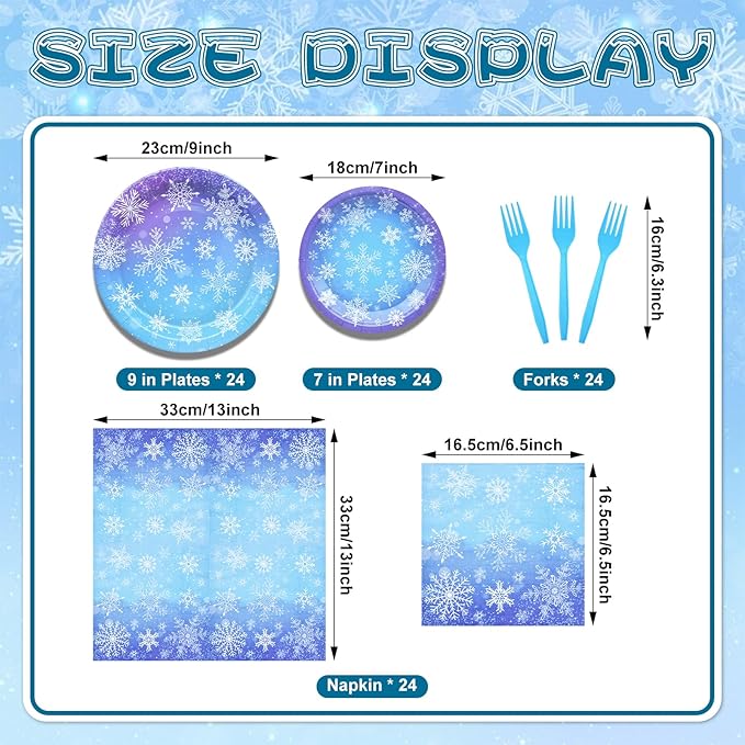 96 Pieces Snowflake Winter Party Supplies Set - Blue White Snowflake Design Disposable Tableware with Paper Plates, Napkins, Forks for Christmas, Winter Wonderland, Frozen-Themed Birthday Decorations