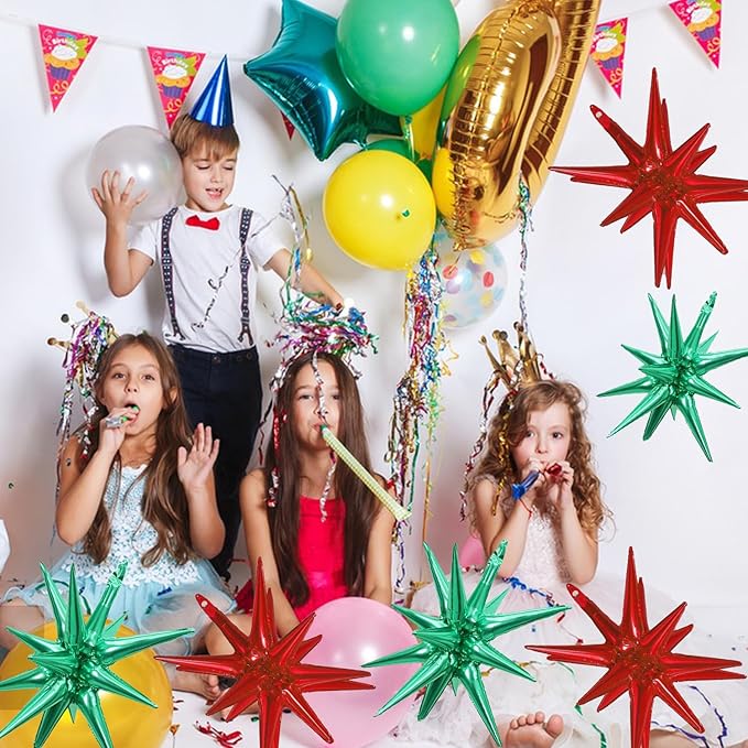 6 Pcs Star Foil Balloons One-Piece 14-Pointed Star Balloon 4D Starburst Cone Mylar Balloon 22inch Christmas Birthday Wedding Wedding Anniversary Party Supplies (Red + Green)