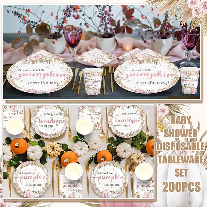 Hushee 200 Pcs Fall Boho Pumpkin Baby Shower Paper Plates Napkins Cups Baby Shower Party Supplies Tableware Set Disposable Cup Napkin for 50 Guest Party Decoration