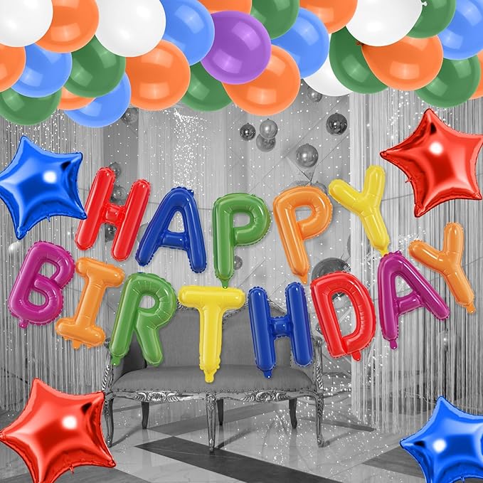 29PC Rainbow Happy Birthday Balloon Banner, 16 Inch 3D Aluminum Letter Banner Sign, Colourful Latex Balloon Helium 18 Inch Star Foil Balloon for Kids, Women, Men Birthday Party Decorations