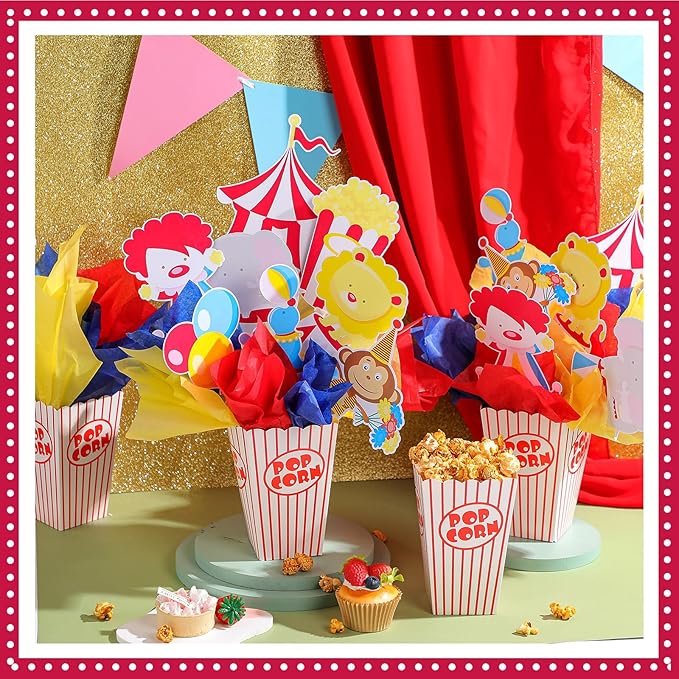 8 Sets Circus Carnival Party Centerpieces Decorations Circus Theme Table Toppers with Popcorn Box Cutouts and Sticks for Carnival Party Birthday Decor Supplies