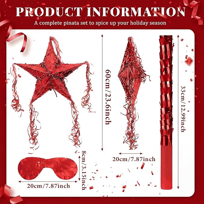 Hanaive Foil Star Piñata with Blindfold and Bat for Birthday Foldable Star Shape Piñata with Stick Festive Fiesta Party Supplies Favors for Mexican Party(Red)