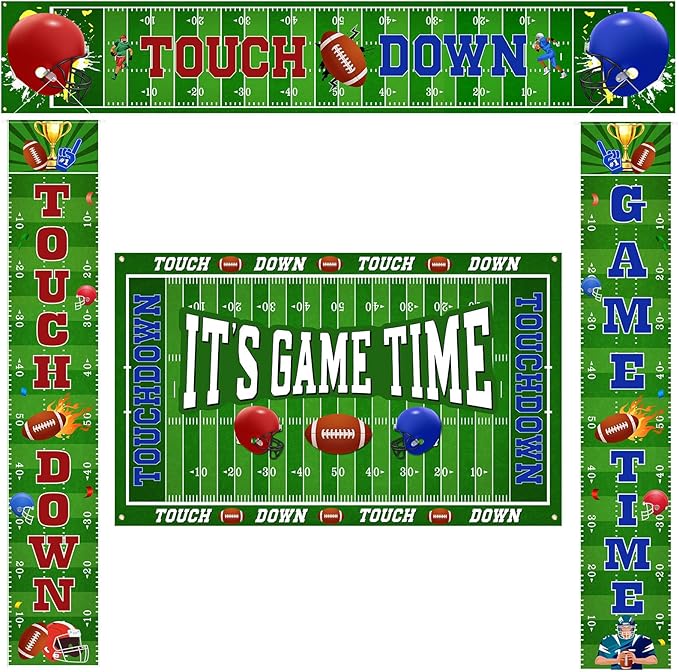 Ctosree 4 Pcs Football Backdrop Banner Decoration Football Party Supplies It's Game Time Touch Down Wall Door Sign Decor for Sport Game Birthday Party Favors