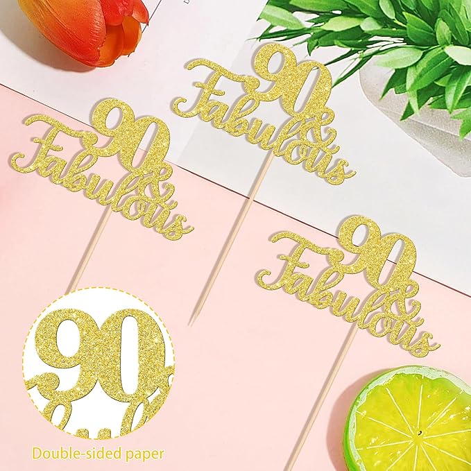 12 PCS 90 and Fabulous Centerpiece Sticks Double Sided Happy 90th Birthday Table Flower Centerpieces Sticks Cheers to 90 Floral Decorations for 90th Birthday Anniversary Party Supplies Gold