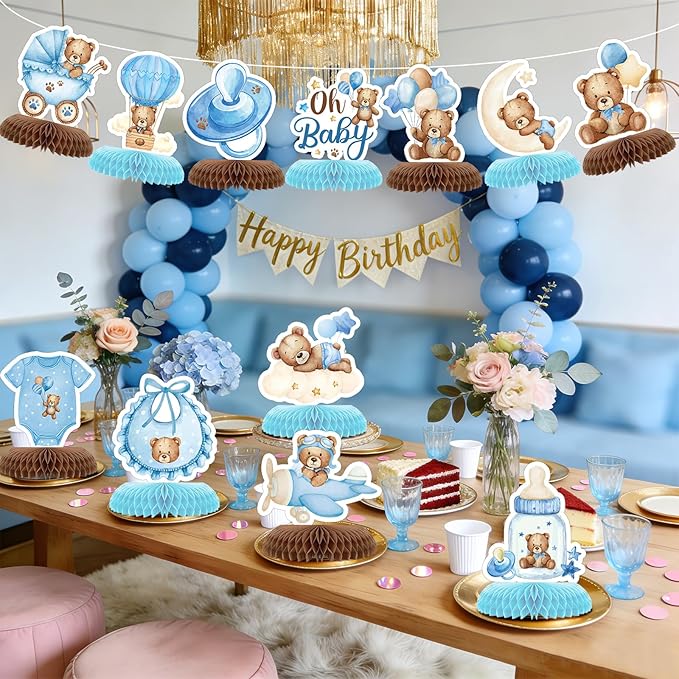 Tarklanda 12 Pcs Bear Baby Shower Honeycomb Centerpieces 3D Table Toppers Teddy Bear Themed Honeycomb Decoration for Birthday Wedding Gender Neutral Party Supplies (Blue Bear)