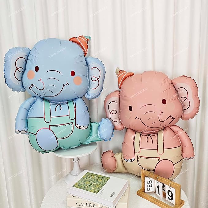 2PCS Elephant Animal Balloon Giant Cute Pink Jungle Safari Animal Birthday Party Foil Balloon For Kids Elephant Wild Zoo Theme Gender Reveal Baby Shower Decoration Supplie